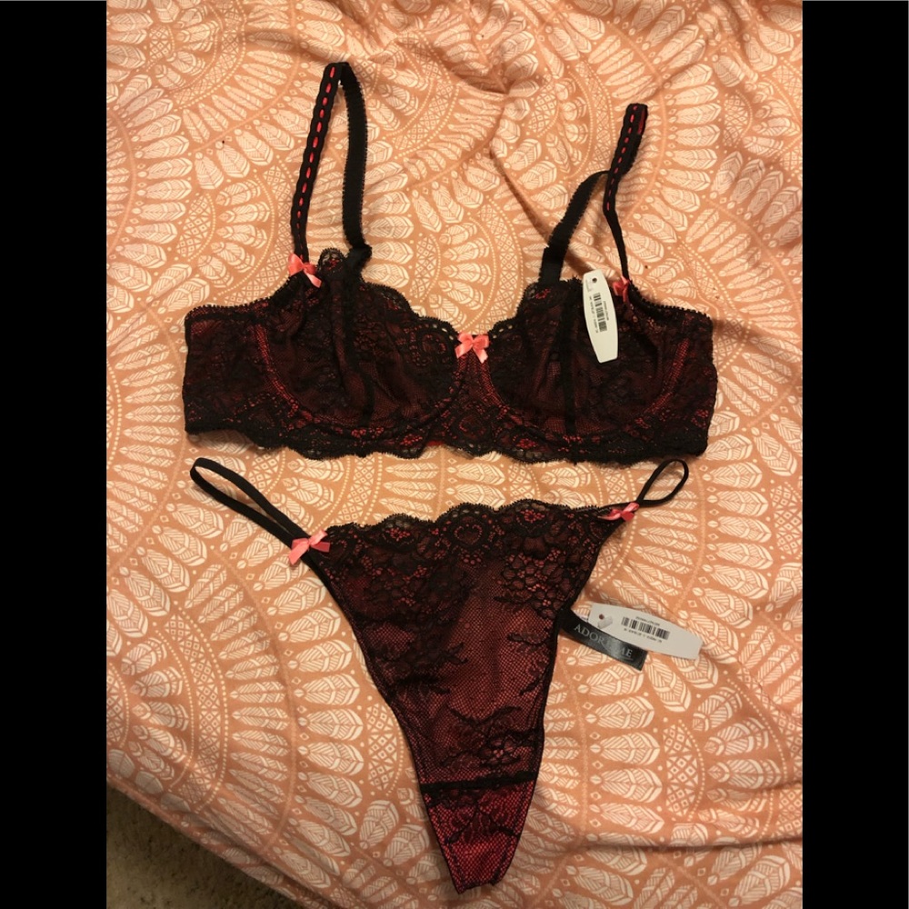 Black and red lace bra and thong